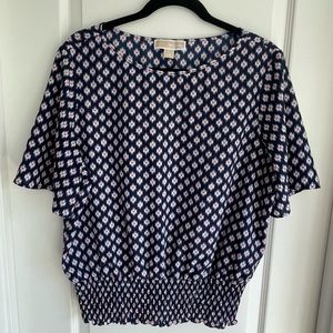 Michael Kors, Large, 100% polyester navy and white shirt with orange accents